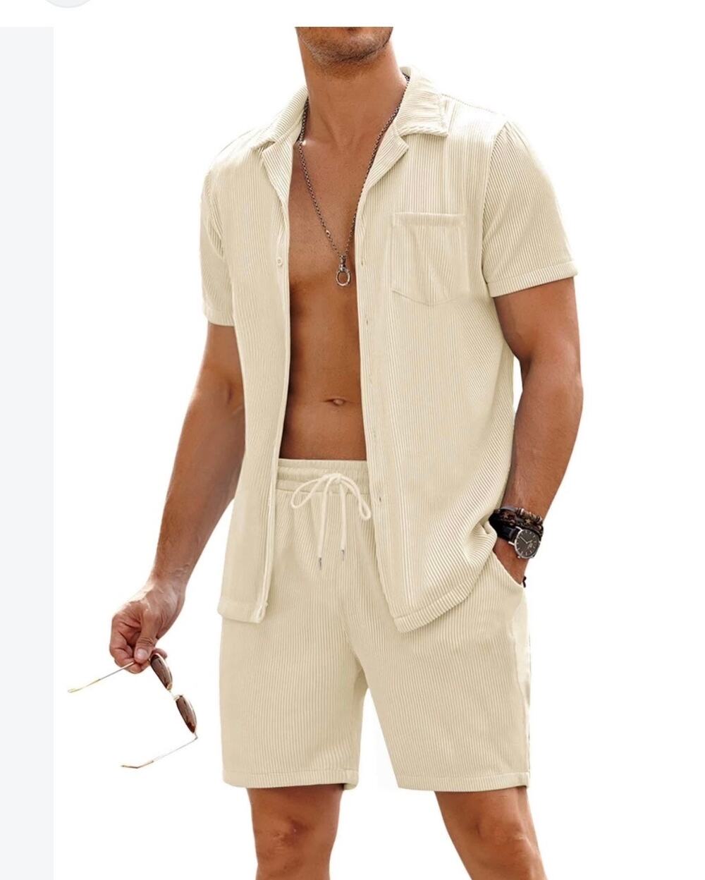 NWT COOFANDY Mens 2 Piece Linen Short Sleeve Shirt Shorts Set Beige Size S New